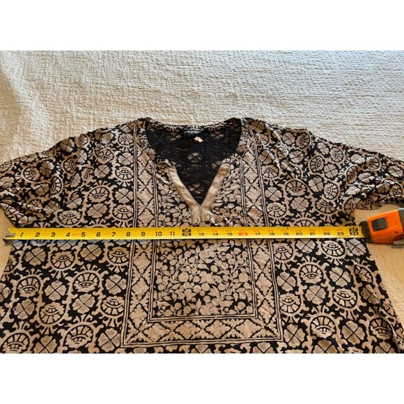 Lucky Brand Tunic Top Women's M Black Tan Boho Paisley Print Stretch 3/4 Sleeves - Picture 3 of 9